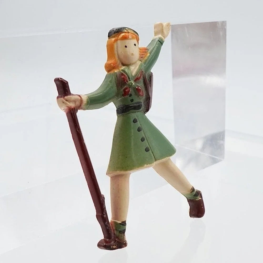 VTG 1940 Girl Scout Hiking Pin Clip Brooch Hand Painted Figural Plastic Novelty